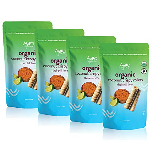 Ava Organics - Coconut Crispy Rollers - Thai Chili Lime - Gluten Free - Baked Snack - Tangy and Sweet - 2.82 oz (Pack of 4) Ava Organics - Coconut Crispy Rollers - Thai Chili Lime - Gluten Free - Baked Snack - Tangy and Sweet - 2.82 oz (Pack of 4)