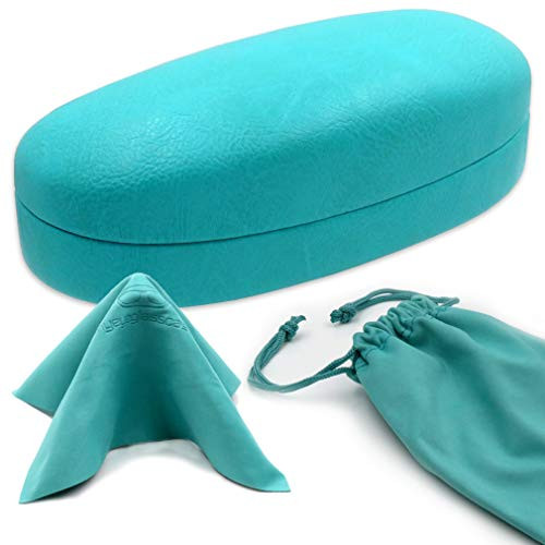 Hard Sunglasses case Large eyeglass case with soft microfiber drawstring pouch and Cleaning Cloth (AS113 Teal)