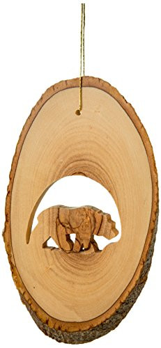 EARTHWOOD FINE WOOD PRODUCTS W-23 Olive Wood Bark Slice with Bear, Brown