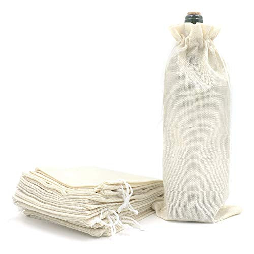 Bezall 10pcs Burlap Linen Wine Bags Drawstring Jute Champagne Wine Bottle Gift Bag Birthday Wedding Party Favor Wrap Pouches 13.7 x 5.9 Inches (Cream)