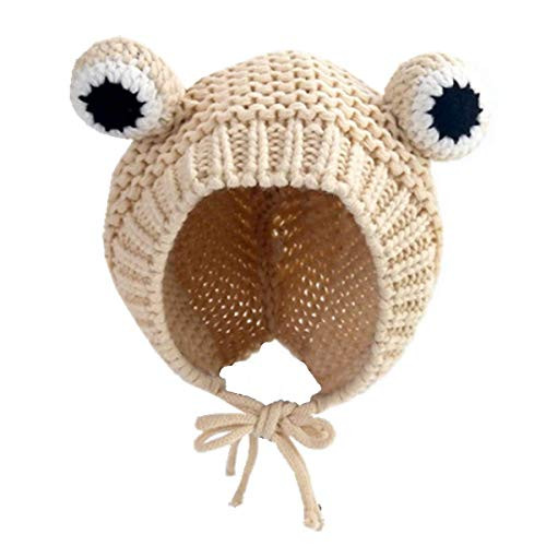 KINGSEVEN Kids Knitted Beanie Hat Cute Frog Cartoon Winter Warmer Cap with Big Eyes for Baby Boys Girls Beige