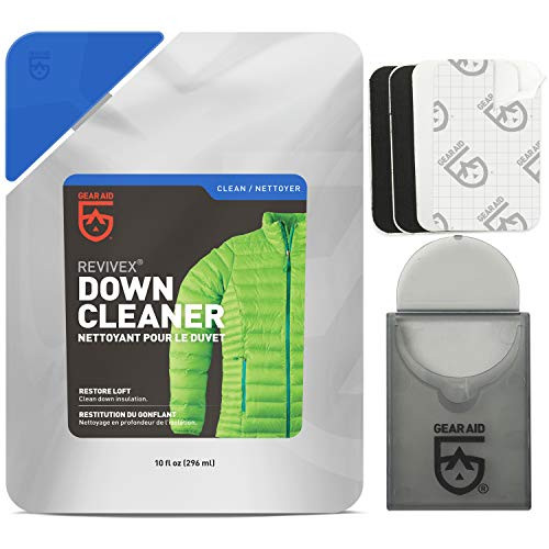 GEAR AID Revivex Down Care Kit for Jackets and Sleeping Bags, with Down Cleaner and Repair Patches, Clear, 10 oz Cleaner, 1.5 inch x 2.5 inch Patches GEAR AID Revivex Down Care Kit for Jackets and Sleeping Bags, with Down Cleaner and Repair Patches, Clear, 10 oz Cleaner, 1.5 inch x 2.5 inch Patches