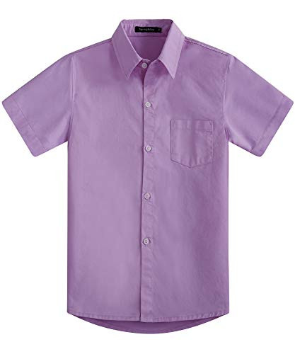 Spring and Gege Boys' Short Sleeve Dress Shirts Formal Uniform Cotton Solid, Lilac, 13-14 Years