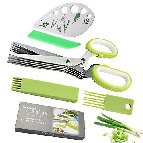 Herb Scissors Herb Stripper Set, Multifunctional Stainless Steel 5 Blades Kitchen Shears with Safety Cover and Cleaning Comb for Herbs - Kitchen Gadgets 4 in 1