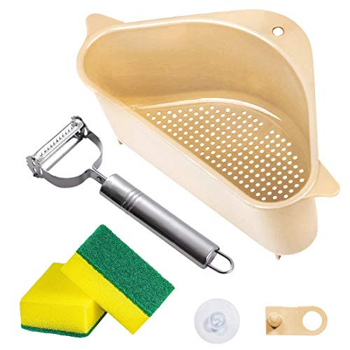 Sink Strainers Basket Kitchen Drain Shelf Triangular Sink Storage Holder with Suction Cup for Support Corner (Beige)