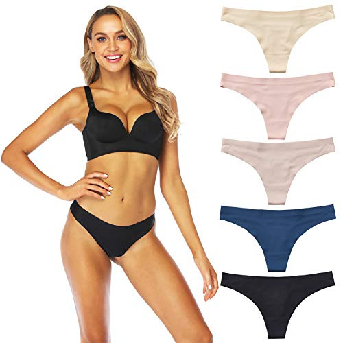 Amorfati Seamless Thong Underwear for Women No Show Thong Panties Invisble Laser Cut Underwear 5 Pack (Medium)