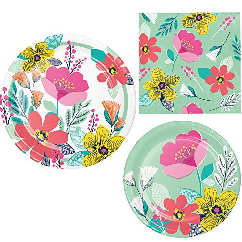 Contemporary Floral Themed Party Supplies for 8 People   Bundle Includes Paper Plates and Napkins