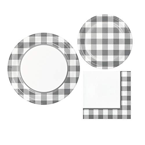 Gray White Buffalo Plaid Check Gingham Party Supplies - Paper Plates and Napkins for 8 Guests