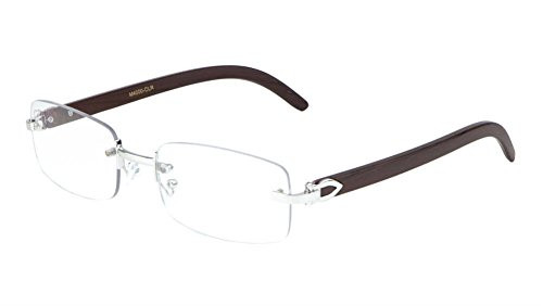 Dapper Rimless Rectangular Metal  and  Wood Eyeglasses / Clear Lens Sunglasses - Frames (Silver  and  Dark Brown Wood, Clear)