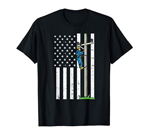 Funny American Lineman Flag - USA Electric Cable Lineman T-Shirt