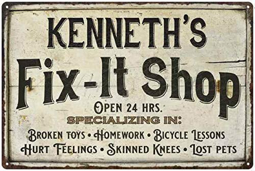 JUCHen Kenneth'S Fix It Shop Aluminum Sign - Bar Pub Garage Hotel Diner Cafe Home Iron Mesh Fence Farm Supermarket Mall Forest Garden Door Wall Decor Art (8 inchx12 inch)