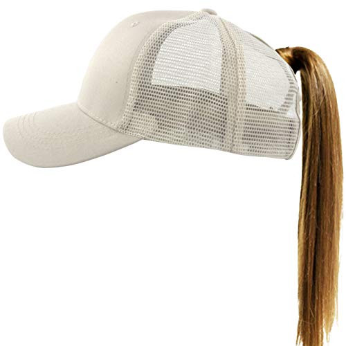 Muryobao Womens Ponytail Baseball Cap Messy High Bun Ponycap Adjustable Snapback Summer Sun Hat Plain Trucker Dad Hat Mesh Beige