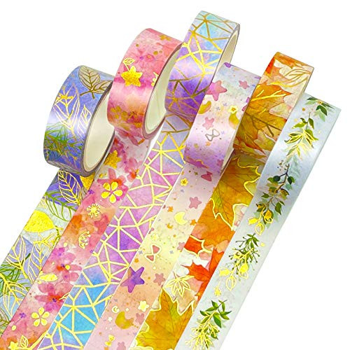 HILELIFE Decorative Washi Tape Set - 6 Rolls Floral Gold Foil Washi Masking Tapes for Scrapbook, Bullet Journals, Planners, Cards, Gift Wrapping, Arts, Crafts (15mm Wide) HILELIFE Decorative Washi Tape Set - 6 Rolls Floral Gold Foil Washi Masking Tapes for Scrapbook, Bullet Journals, Planners, Cards, Gift Wrapping, Arts, Crafts (15mm Wide)