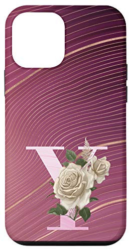 iPhone 12 mini Maroon floral Initial Letter Y monogram beige roses Case