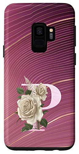 Galaxy S9 Maroon floral Initial Letter P monogram beige roses Case