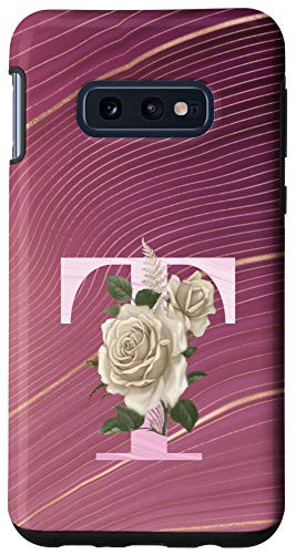 Galaxy S10e Maroon floral Initial Letter T monogram beige roses Case