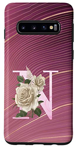 Galaxy S10 Maroon floral Initial Letter N monogram beige roses Case
