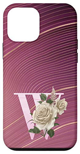 iPhone 12 mini Maroon floral Initial Letter W monogram beige roses Case