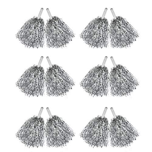 Hooshing 12 Pcs Pom Poms Cheerleading Metallic Foil Cheer Pom Poms with Plastic Handles for Team Sports, Silver Update