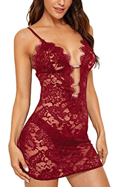 lingerie for women sexy Eyelash Lace Chemise babydoll Strap nightgown Dress Halter Deep V Neck sleepwear (Wine Red, 2XL) lingerie for women sexy Eyelash Lace Chemise babydoll Strap nightgown Dress Halter Deep V Neck sleepwear (Wine Red, 2XL)