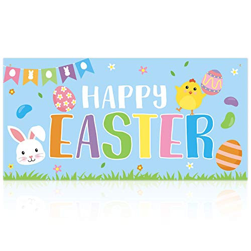 CiyvoLyeen Happy Easter Banner Sign Spring Egg Hunt Photo Prop Bunny Egg Peeps Flower Chick Wall Banner Backdrop Indoor Outdoor Decor Easter Day Party Supplies