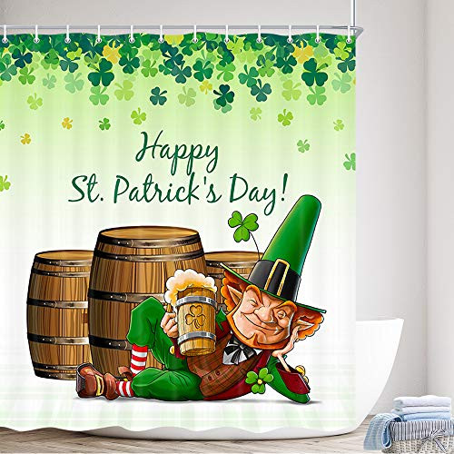 MERCHR St. Patrick's Day Shower Curtain, Irish Green Shamrock Clover Spring Elf Leprechaun Wine Can Polyester Fabric Waterproof Bath Curtain, Lucky Shower Curtains for Bathroom with Hooks, 69X70in