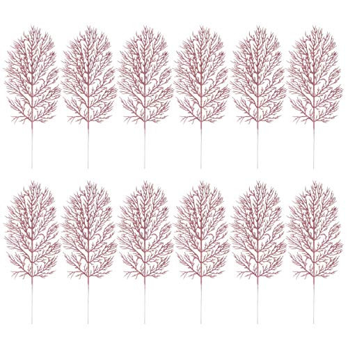 Cabilock 12pcs Christmas Leaves Picks Artificial Glitter Leaves Stems Xmas DIY Bouquet Stem Floral Branches for Christmas Tree Wreath Decor (Rose Gold)