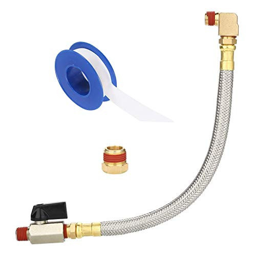 Extended Tank Drain Valve Assembly Kit Including 10 Inch Flexible Braided Steel Compressor Tank Drain Hose 1/4 Inch NPT Pipe Fitting and Thread Seal Tape for Air Compressor