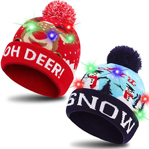 Geyoga 2 Pieces LED Christmas Beanie Cap Light-up Christmas Knitted Hat Ugly Sweater Hat for Holiday Flashing Cap