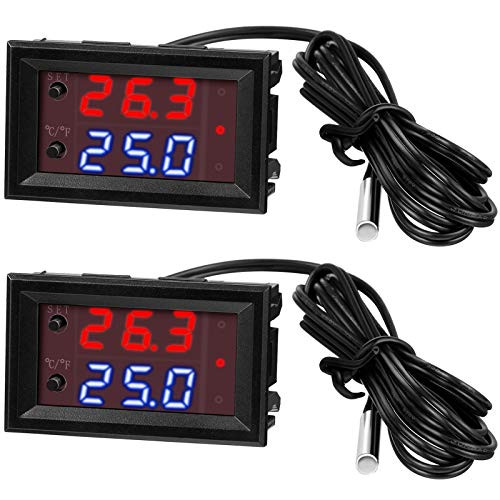 2 Pieces DC 12V Electronic Temperature Controller Programmable -50 to 110 ? Heating/ Cooling Thermostat Control Switch Module, NTC Waterproof Sensor Probe, Dual Color LED Display Monitor