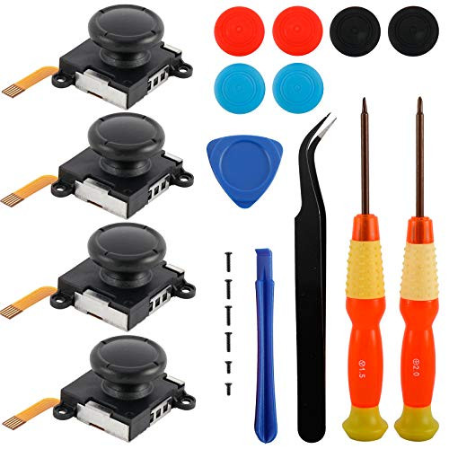 4 PCS 3D Replacement Joystick Analog Left  and  Right Thumb Sticks Sensor Caps for Nintendo Switch Controller, Joycon Joystick Replacement Kit, Full Repair Tools Included
