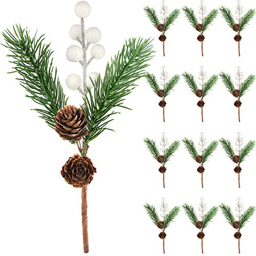 WILLBOND 12 Pieces White Christmas Berries Berry Stems Pine Branches Artificial Pine Cones White Holly Spray Wreath Picks Decorative Pick for Winter Decor, Holiday Crafts, Xmas Decorations