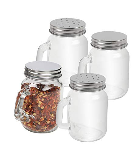 Mason Jar Salt And Pepper Shakers, Spice Jars Glass Empty 4.75 Oz - Seasoning Shaker, Spice Shaker, With Handles  and  Metal Lids - Set Of 4