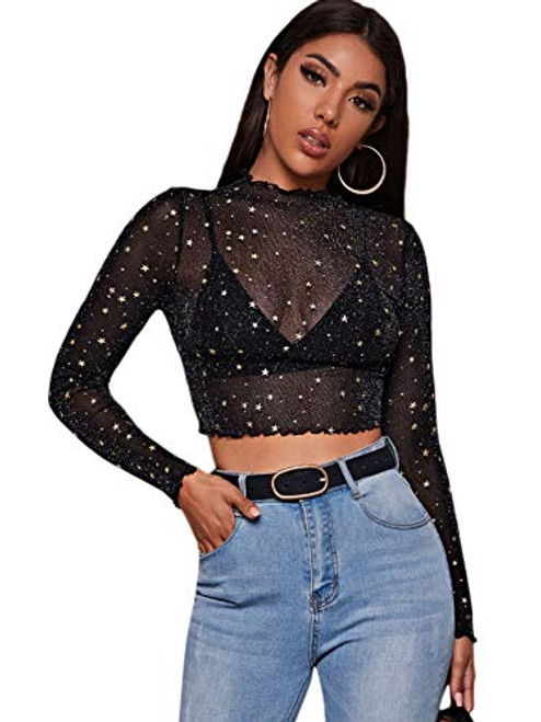 SOLY HUX Women's Star Mesh Sheer Long Sleeve Tee Lettuce Trim See Through Top Black Crop M SOLY HUX Women's Star Mesh Sheer Long Sleeve Tee Lettuce Trim See Through Top Black Crop M