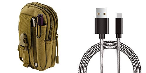 Nokia 6 (2018) - Bundle: Tactical EDC MOLLE Utility Waist Pack Holder Pouch (Khaki),  Aluminum Connectors  Fast Charging USB Type-C (USB-C) Metal Cable, Atom Cloth