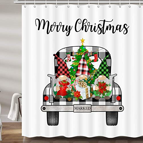 JAWO Merry Christmas Shower Curtains for Bathroom, Buffalo Check Plaid Truck Xmas Holiday Fabric Shower Curtain Set, Cute Gnomes Bathroom Accessories Decor, Hooks Included (69W X 72H)