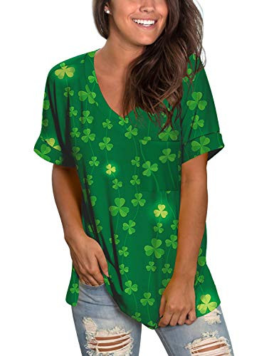 V Neck T Shirts for Womens Summer Tops with Pocket Short Sleeve Casual Tee St Patrick Green Clover XXL