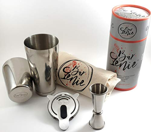 Boston Cocktail Shaker Bar Set By Bar Genie: Professional Bartender 18 oz Unweighted & 28 oz Weighted Stainless Steel Shaker Tins, Hawthorne Cocktail Strainer, Japanese Jigger and Lewis Ice Bag Boston Cocktail Shaker Bar Set By Bar Genie: Professional Bartender 18 oz Unweighted & 28 oz Weighted Stainless Steel Shaker Tins, Hawthorne Cocktail Strainer, Japanese Jigger and Lewis Ice Bag