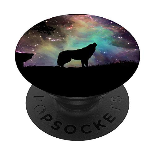 Wolf Howling Moon Stars Nebula Universe Outer Space Nature PopSockets Grip and Stand for Phones and Tablets