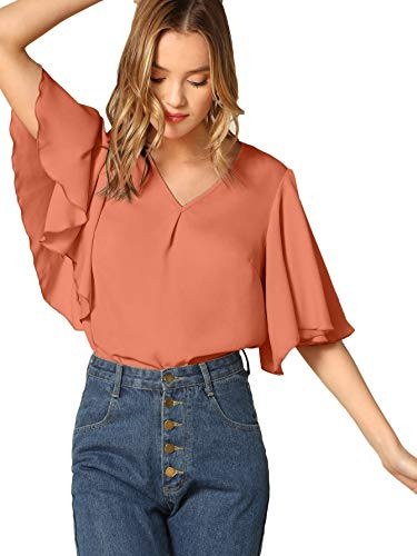 SheIn Women's Casual Ruffle Short Sleeve Blouse V Neck Solid Tee Tops Shirt Pink Small