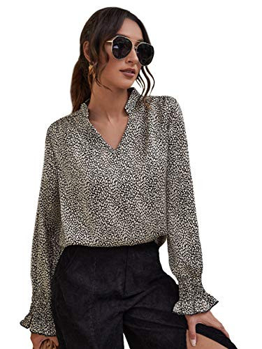 Romwe Women's Allover Print Flounce Long Sleeve Notched Neck Work Blouse Tops Multicolor L