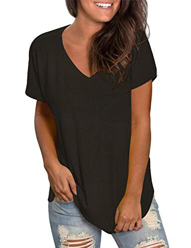 Balivsa Basic Women's T Shirts Short Sleeve Loose Solid Color V Neck Casual Summer Pocket Tunic Tops Black L