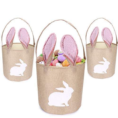 Golray Easter Bunny Basket Easter Egg Hunt Basket Jute Burlap Tote Bags with Handles and Bunny Ears Easter Candy Treat Toy Gift Bags for Kids Girls Easter Party Carry Bucket Basket ( 8.7 inch x 9.4 inch)
