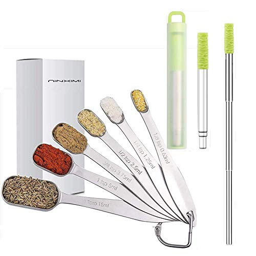 Measuring Spoons set-Stainless Steel Metal Measuring Spoons with Telescopic Straws-Measurement Kitchen Gadgets Utensils for Cooking Food Baking 7 Piece