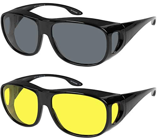 Fit Over Wrap Sunglasses Polarized Lens Wear Over Eyeglasses 100percent UV Protection for Men and Women Black Frame Yellow Night Driving Lens, Black Frame Smoke Lens