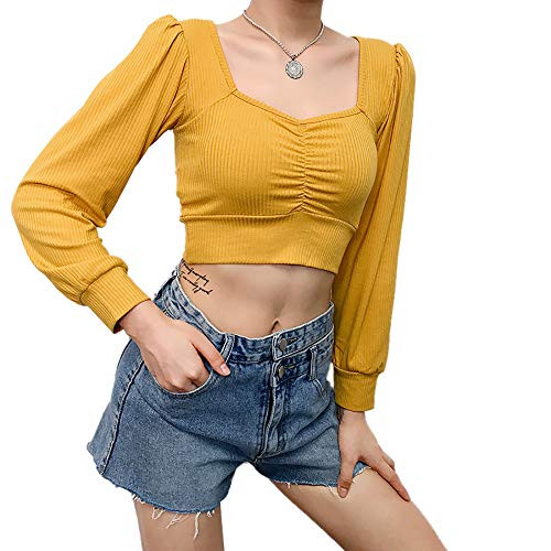 HUILAN Women's Long Sleeve Square Neck Ribbed Solid Ruched Crop Top Tee Shirt Yellow L
