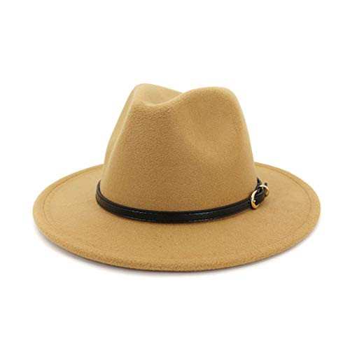 Lisianthus Women Classic Felt Fedora Wide Brim Panama Hats with Belt Buckle Camel