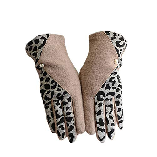 Women Teen Classic Stretch Fleece Fur Leopard Print Gloves,Animal Leopard Print Warm Gloves,Touch Screen Driving Gloves (Beige)