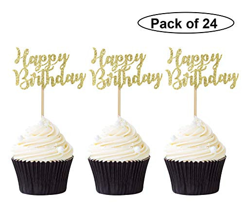 Pack of 24 Gold Happy Birthday Cupcake Toppers Party Cake Food Picks