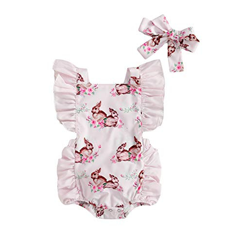 WALLARENEAR Newborn Infant Baby Girl Easter Outfits Bunny Romper Bowknot One Piece Bodysuit Jumpsuit My 1st Easter Outfit (Pink-1, 18-24 Months)